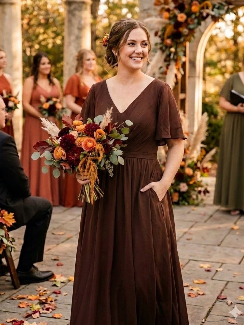 Elegant Brown V-Neck Maxi Dress